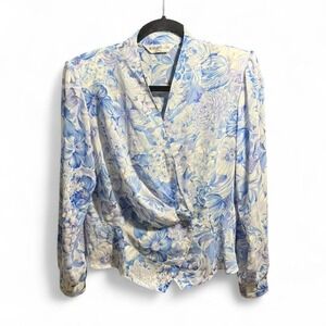 Quarante-Cinq blue, white purple floral sheer blouse pleated blazer shoulder pad